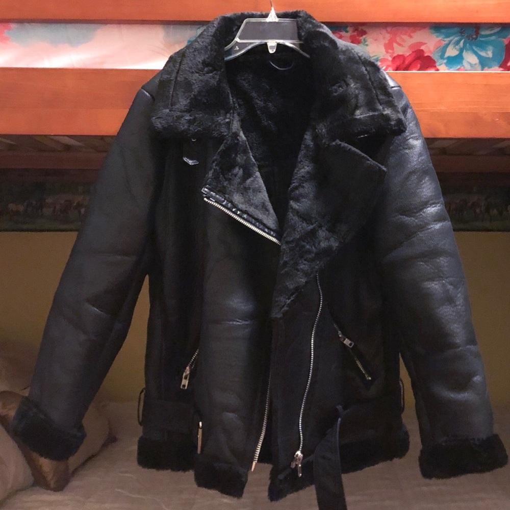 faux shearling aviator jacket (black)